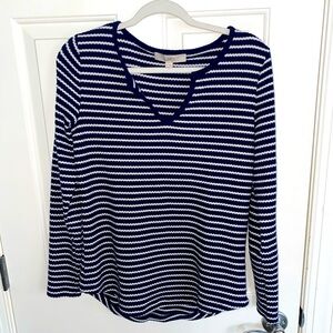 LOFT Striped Brushed Waffle Split Neck Tee Navy and White